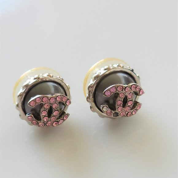 Chanel vintage stud CC earrings with pink rhinestones - Picture 2 of 4